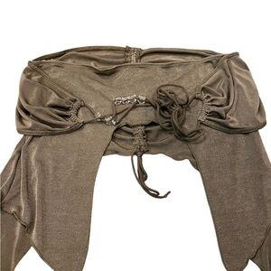 Shimmery Olive Brown Ruched Crop Top with Tie & Crystal Accents
